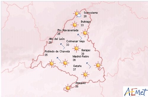 Mapa de temperaturas previstas para el 7 de julio de 2013