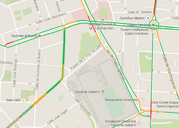 Zonas de congestión de la zona, correspondiente a un día laborable típico entre las 7:30 y las 9:30 horas (Elaboración propia)