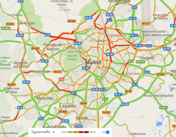 Figura 1.- El atasco típico y recurrente de un día medio laborable, sin incidencias extraordinarias como lluvia u otros meteoros